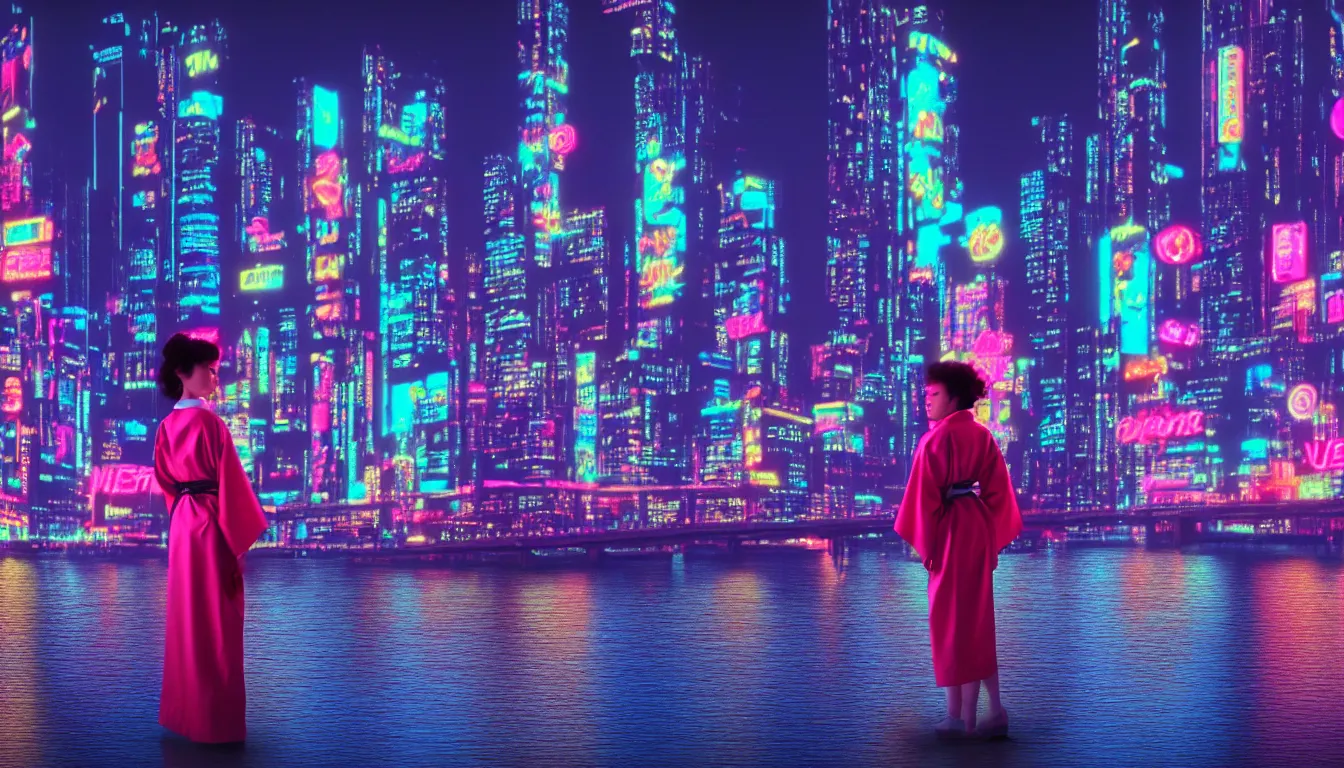 Prompt: 8 0 s neon movie still with a woman standing by a river at night. a cyberpunk city is in front of her. she is looking at the city. she is wearing a kimono. hyperrealistic, high definition, medium format photography, highly detailed, technicolor, anamorphic 5 0 mm lens