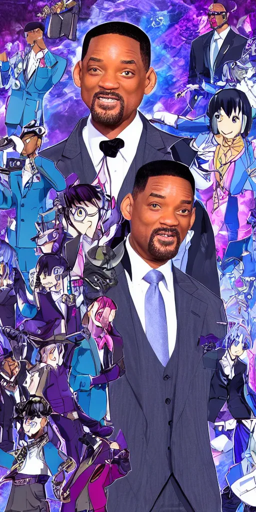 Image similar to will smith wearing luxury suits as a gacha game rare character, cartoon, anime, trend in pixiv, cool color pattern