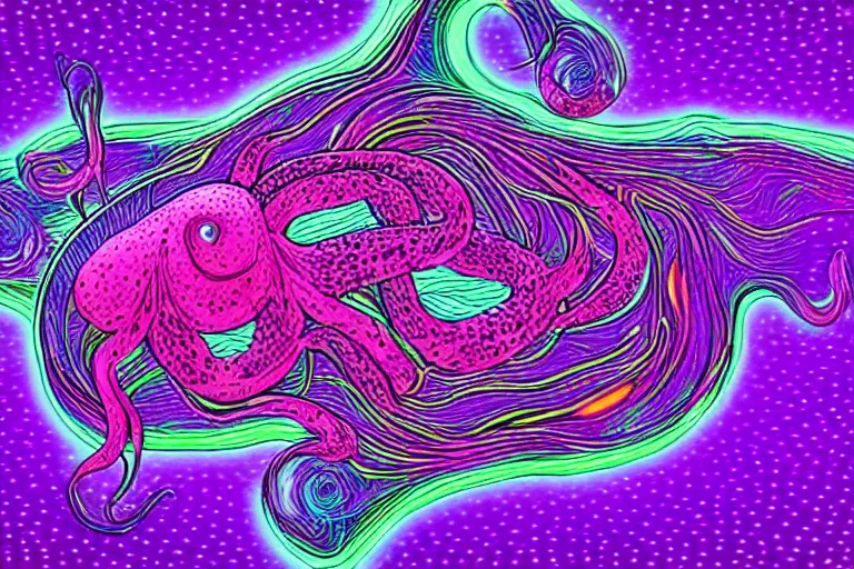 Prompt: digital art of a neon purple octopus floating in space by alex grey, neon outline, sharp lines, blurry background (arcylic), ((synthwave)),