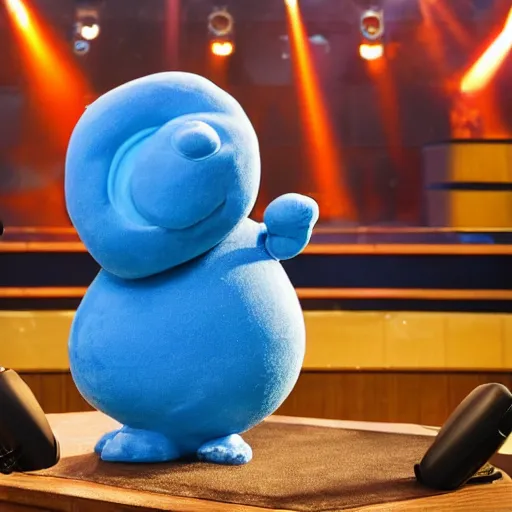 Image similar to a little blue creature in the shape of a sausage lies on a huge microphone on the stage