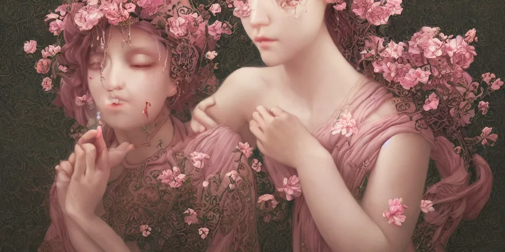 Image similar to breathtaking detailed weird concept art painting of few goddesses of light pink flowers, orthodox saint, with anxious, piercing eyes, ornate background, amalgamation of leaves and flowers, by Hsiao-Ron Cheng, extremely moody lighting, 8K