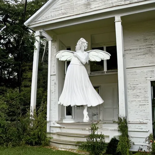 Image similar to the angel of love and prosperity, showering it's great energy over a 1 9 6 0's white farm house