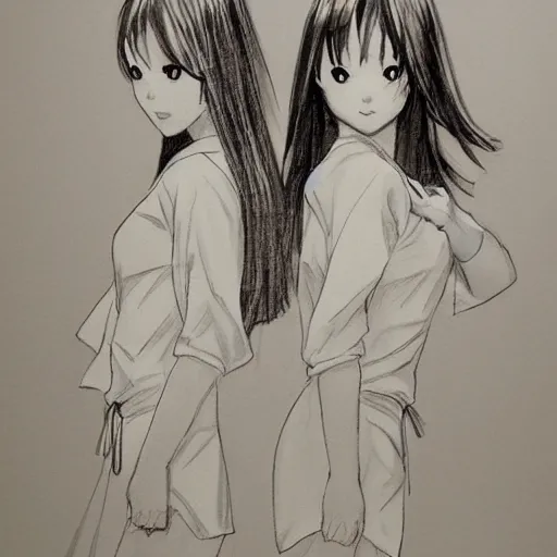 Image similar to a perfect, realistic professional digital sketch of two Japanese schoolgirls posing, in style of Marvel, full length, by pen and watercolor, by a professional American senior artist on ArtStation, a high-quality hollywood-style sketch, on high-quality paper