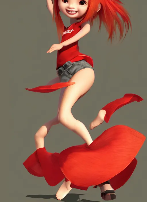 Image similar to a cute asian girl dancing, red hair, in the style of pixar animation, full body shot, viewed from bellow, award winning, hyper detailed, studio lighting, artstation, octane renderer, unreal engine