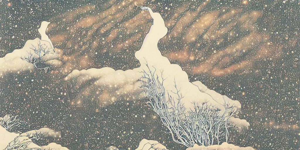 Image similar to stunning cold mountain landscape with sky full of galaxies by takato yamamoto