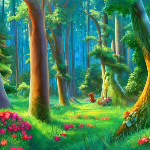 Prompt: a disney background art painting, a wide shot of an enchanted forest with dappled lighting on the ground, tall large trees, foliage and flowers in the underbrush, disney feature animation painting, the art of pixar,