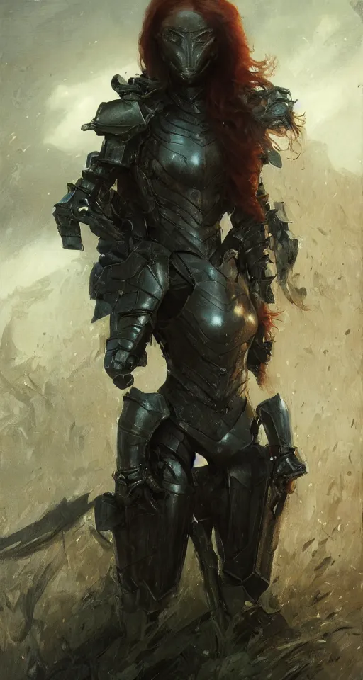 Prompt: short muscular redhead young woman wearing black lowpoly armour, bare legs, detailed, by gaston bussiere, bayard wu, greg rutkowski, giger, maxim verehin, greg rutkowski, masterpiece, sharp focus, cinematic lightning