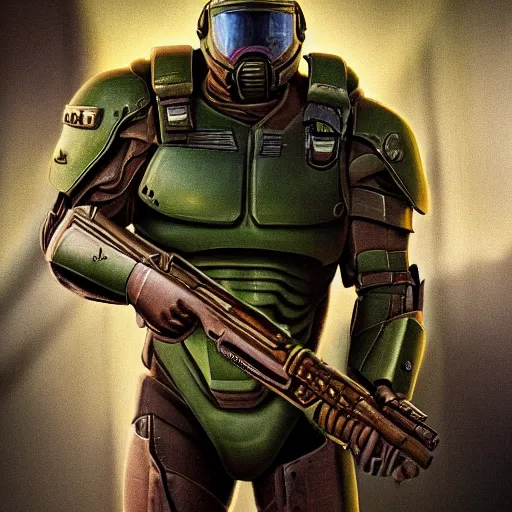 Image similar to Alan Ritchson as doomguy with no helmet, artstation hall of fame gallery, editors choice, #1 digital painting of all time, most beautiful image ever created, emotionally evocative, greatest art ever made, lifetime achievement magnum opus masterpiece, the most amazing breathtaking image with the deepest message ever painted, a thing of beauty beyond imagination or words, 4k, highly detailed, cinematic lighting