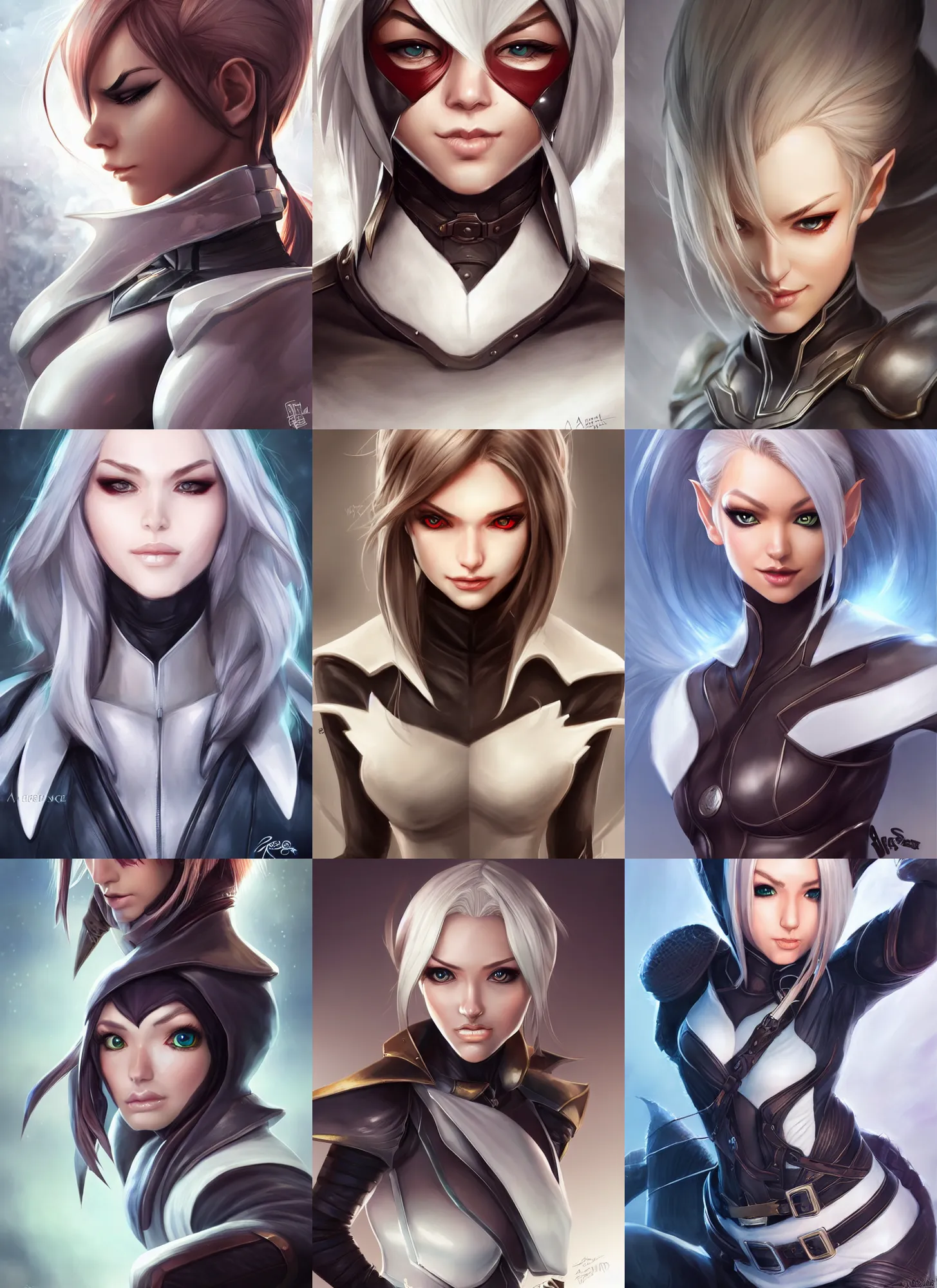Prompt: looking up from the bottom picture of elf rogue, female, white skin, ponytails, skintight leather clothes, short coat, face details, extremely detailed, smooth, sharp focus, digital illustration, by artgerm, rossdraws, sakimichan