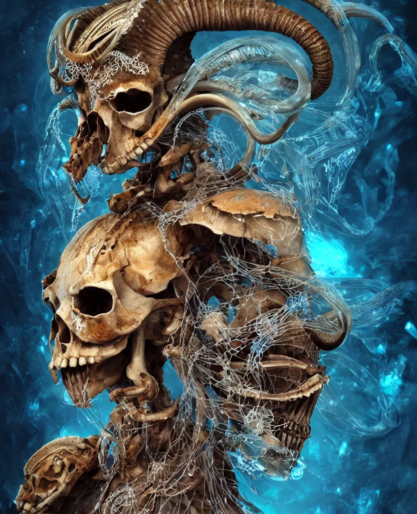 Image similar to close-up macro portrait of the face of a beautiful princess with ram animal skull mask, epic angle and pose, ribcage skeleton symmetrical artwork, 3d with depth of field, blurred background, cybernetic jellyfish female face phoenix bird, translucent, nautilus, energy flows of water and fire. a highly detailed epic cinematic concept art CG render. made in Maya, Blender and Photoshop, octane render, excellent composition, cinematic dystopian brutalist atmosphere, dynamic dramatic cinematic lighting, aesthetic, very inspirational, arthouse. y Greg Rutkowski, Ilya Kuvshinov, WLOP, Stanley Artgerm Lau, Ruan Jia and Fenghua Zhong