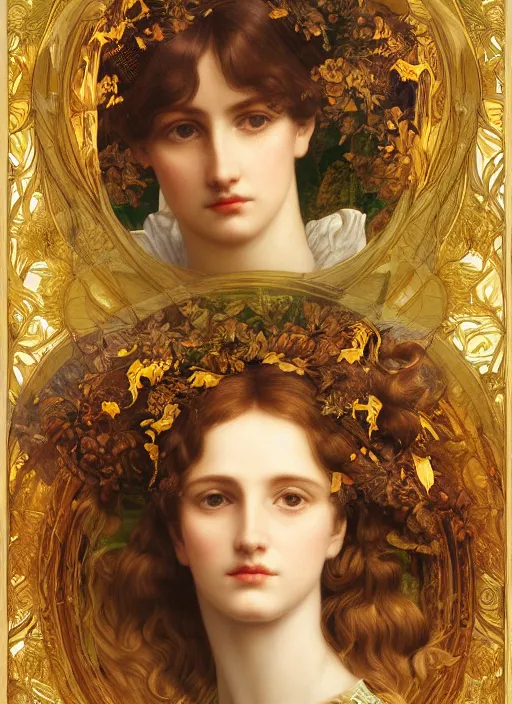Image similar to masterpiece beautiful seductive flowing curves preraphaelite face portrait amongst leaves, extreme close up shot, straight bangs, thick set features, yellow ochre ornate medieval dress, horns, amongst foliage mushroom forest arch framed with plants, gold gilded circle halo, kilian eng and frederic leighton and rosetti, 4 k