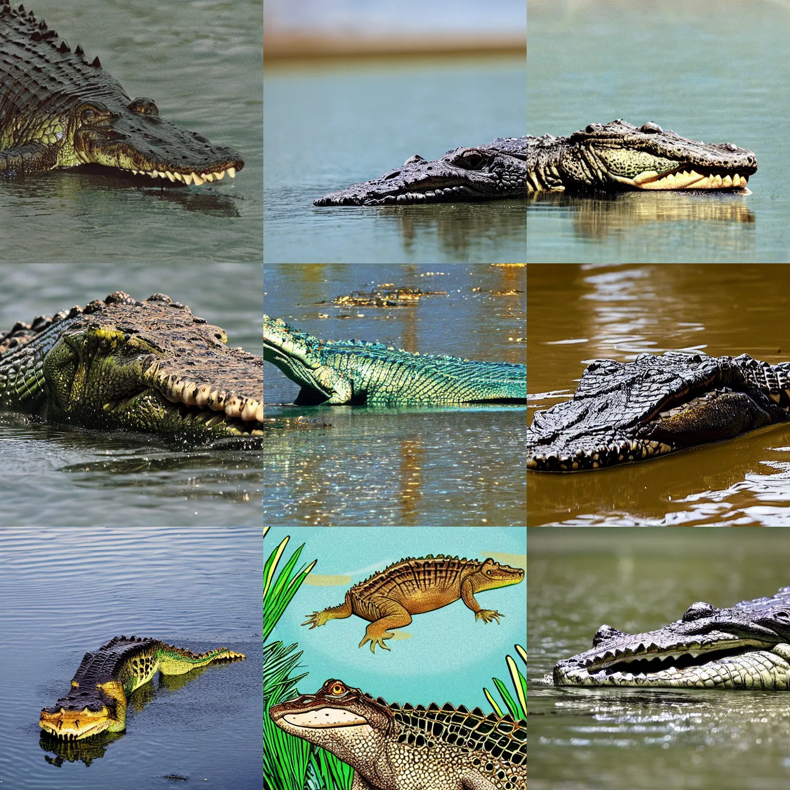 Prompt: a wild crocodile in the nile toxic river atomic glitter