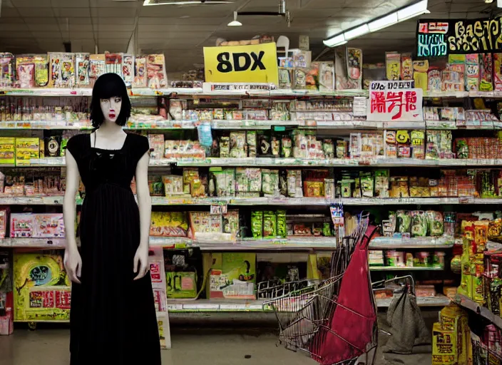 Image similar to 28mm photo of a woman in post apocalyptic supermarket, in the style of David cronenberg ,scary, weird, high fashion, ID magazine, vogue magazine, magazine, surprising, freaky, freak show, realistic, sharp focus, 8k high definition, medium format film photography, photo realistic, insanely detailed, intricate, elegant, art by yoshitaka amano and David kostic and stanley lau and artgerm