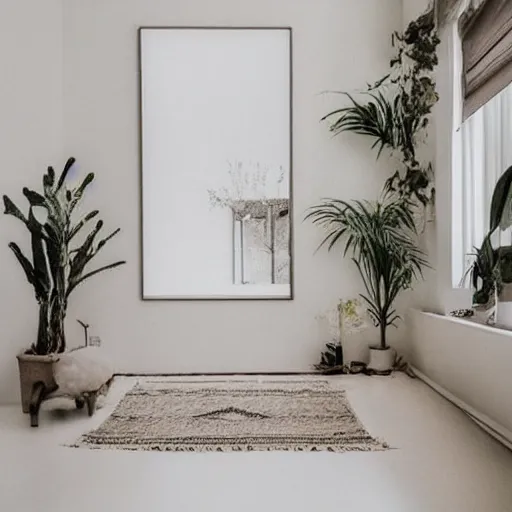 Prompt: a minimalist mockup photo with one large frame, in a white clear boho style floor, white and beige predominant colors, well lit, low contrast, trending on pinterest