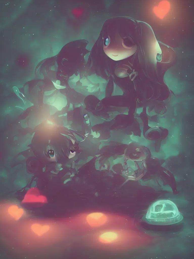 Image similar to cute fumo plush gothic maiden alien girl sitting on a small island floating in the dark galactic abyss, heart eyes, vignette, vray