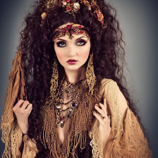 Prompt: ethereal beautiful woman with long curly hair in romany gypsy outfit, high detail, brown dark aesthetic