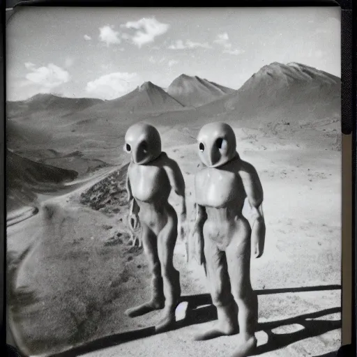 Image similar to polaroid photograph of horrorific alien beings visiting earth, 1 9 5 0