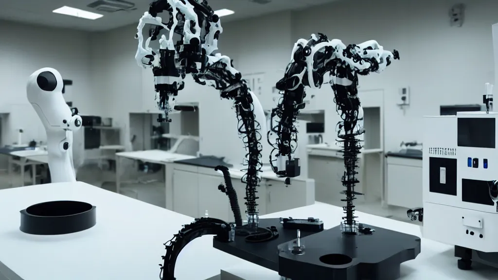 Image similar to a complex bifurcated robotic cnc surgical arm hybrid mri 3 d printer machine making black and white ceramic mutant forms in the laboratory inspection room, film still from the movie directed by denis villeneuve with art direction by salvador dali, wide lens