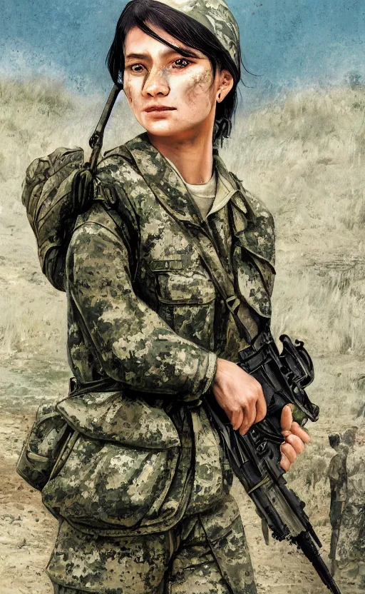 Image similar to portrait of a female soldier, highly detailed, high resolution, military camp in the background, the front of a trading card, illustration, stunning, marginal operation, bokeh soft, matte, 100mm, by professional photographer, by shibafu, by shizuma yoshinori, studio mappa, realistic human anatomy, realistic military carrier, modern warfare, realistic weapon, shot with a arriflex 35 ii, low saturation, small eyes