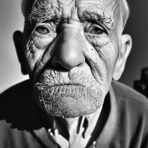 Prompt: close-up fisheye lens photograph of an old man’s face, deeply wrinkled skin, sad eyes, tears rolling down his cheeks