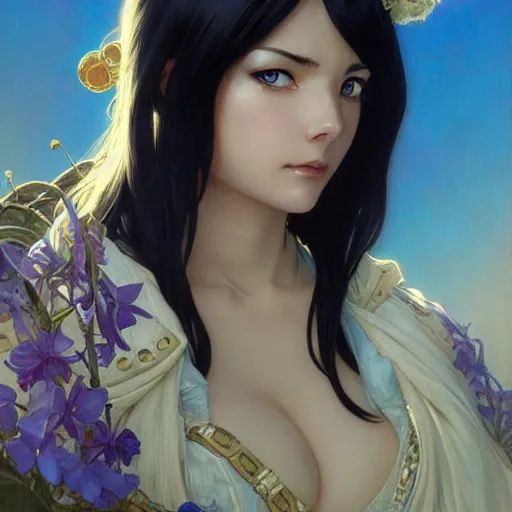 Image similar to highly detailed vfx portrait of nico robin by eiichiro oda!, makoto shinkai, alphonse mucha, msterpriece, art by artgerm and greg rutkowski!, blue eyes!!, large aquiline nose!!, gaston bussiere, stanley kubrick, kaoru mori, intricately detailed, behance, 4 k, hdr