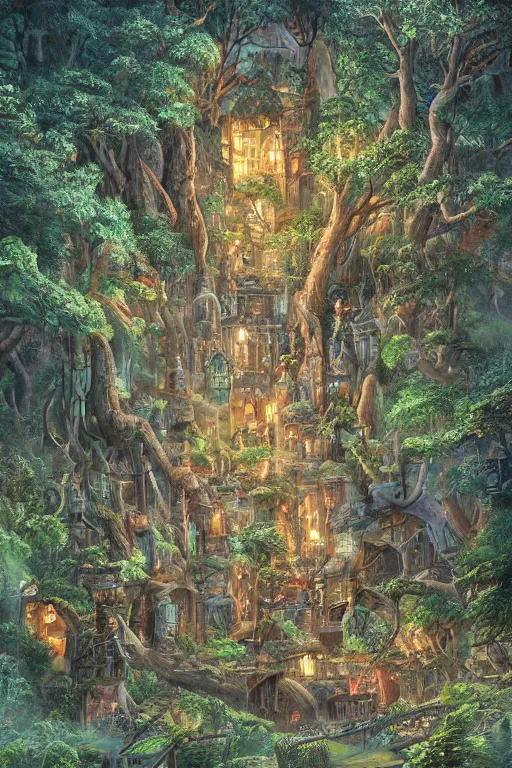 Prompt: a miniature city built into the trunk of a single colossal tree in the forest, with tiny people, in the style of ralph horsley, lit windows, close - up, low angle, wide angle, awe - inspiring, highly detailed digital art