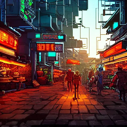 Image similar to fantastic lighting, pixel art, high detail, cyberpunk market, 2 d