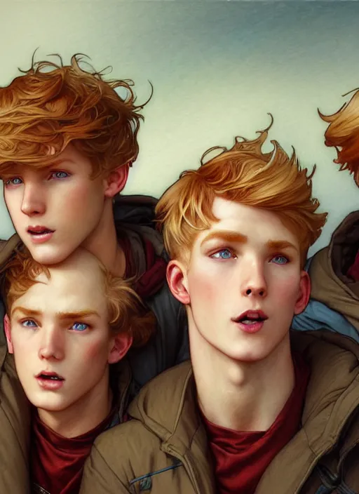 Prompt: close up portrait of mischievous male teen triplets, blond boy, brunette boy and redhead boy, ambercrombie by artgerm, cushart krenz, greg rutkowski, mucha. art nouveau. gloomhaven, tropical atmosphere, natural tones, vibrant colors, sharp edges. ultra clear detailed. 8 k. elegant, intricate, octane render