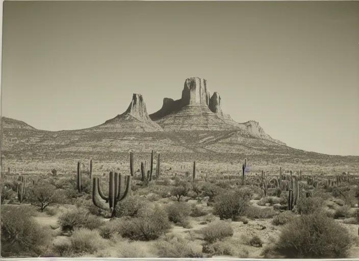 Prompt: Distant view of a huge cathedral mesa with cactus in the foreground, albumen silver print by Timothy H. O'Sullivan.