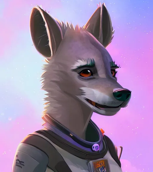 Prompt: digital detailed art of furry female hyena, in style of zootopia, fursona, furry, furaffinity, deviantart, wearing astronaut outfit, floating in space, space background, hyena fursona, cyberpunk, female, detailed face, style of artgerm,