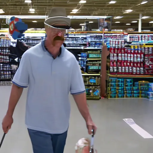 Prompt: Walter White mario golf walmart flashmob security camera footage