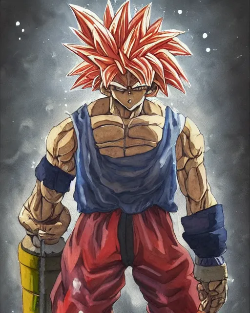 Prompt: a oil / watercolor painting full body character portrait of an old homeless saiyan soldier fighting to protect his family in the style of moebius in the style of leonard boyarsky trending on artstation deviantart pinterest detailed photorealistic highlights and shadow hd 8 k post - processing high resolution