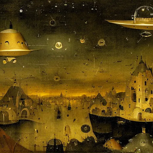 Image similar to ufo fleet over a 1 7 th century european town at night with light beams levitating people in their pajamas painting by hieronymus bosch