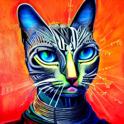 Prompt: intricate five star cyber punk cat portrait by pablo picasso, oil on canvas, hdr, high detail, photo realistic, hyperrealism, matte finish, high contrast, 3 d depth, centered, masterpiece, award - winning, vivid and vibrant colors, enhance light effect, enhanced eye detail, artstationhd