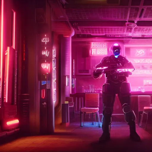 Prompt: A synthetic mercenary with human appearance and a gun drinking at a bar, night, cyberpunk city, purple neon, bladerunner, hyperrealistic, 8k render, cinematic lightning, ultra hd