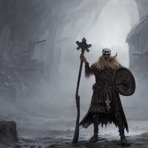 Prompt: an portrait of an skeleton wearing a viking robe and holding an axe, Matte painting , detailed painting, made by Greg Rutkowski, 4k resolution, atmospheric, extremely high detail