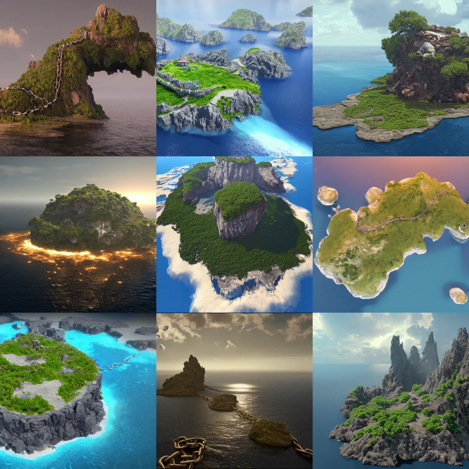 Prompt: A huge island floating in the sky held down with chains, unreal engine high definition 4k trending on artstation