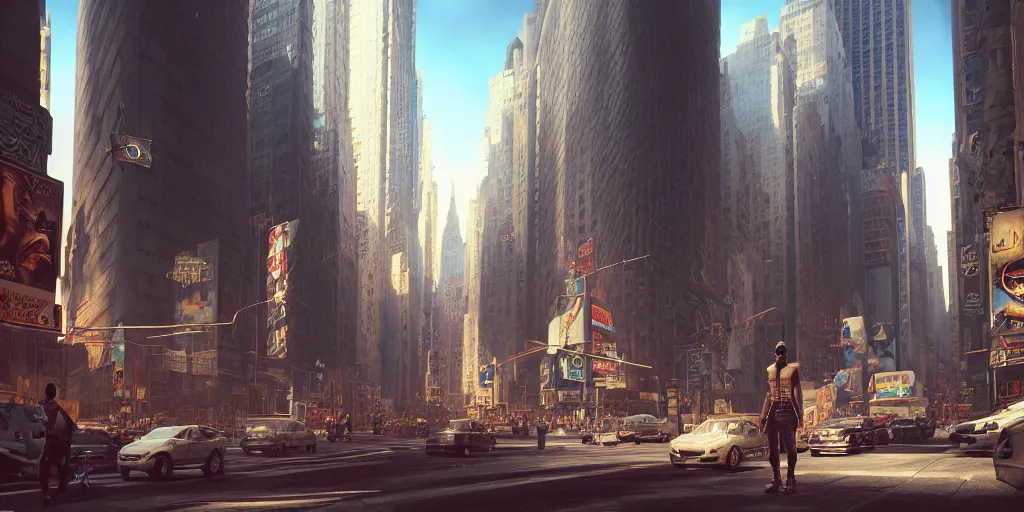 Image similar to an egyptian god walking the streets of new york, digital art, landscape, fantasy art, octane render, unreal engine, high detail, very realistic, by ross tran. by james gurney