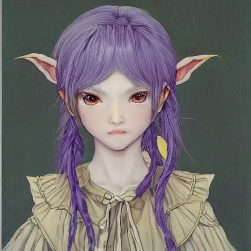 Image similar to little elf tomboy, tunic, soft hair. light color palate, purple, yellow and white. detailed soft painting, ayami kojima, made in abyss, anatomically correct, inspired in balthus