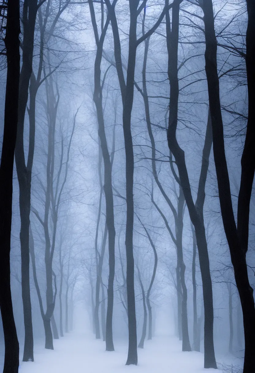 Prompt: eerie photo of a path in the middle of a frozen winter morning spooky forest, treelined, fog, award winning photography, anamorphic lens, f 2. 0, mystical, ultra high definition, ultra detailed,