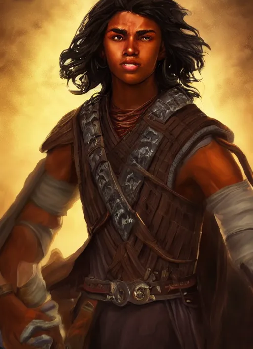 Prompt: An epic fantasy comic book style portrait painting of a young dark skinned long haired boy peasant with intelligent eyes in the style of the wheel of time, unreal 5, DAZ, hyperrealistic, octane render, cosplay, RPG portrait, dynamic lighting