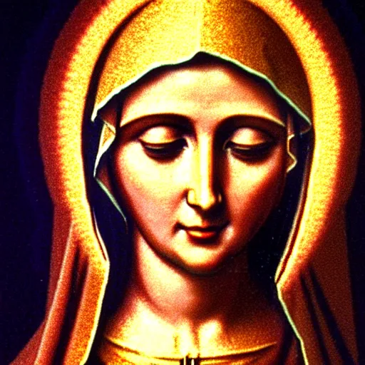 Image similar to vhs inference static pause of virgin mary, vhs, 1 9 9 0, highly realistic, highly detailed