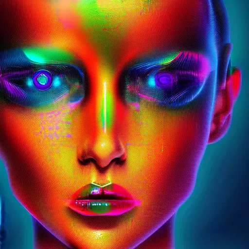 Prompt: portrait painting of a colorful cybernetic cyberpunk digital woman, fantasy, digital art, pixel sorting