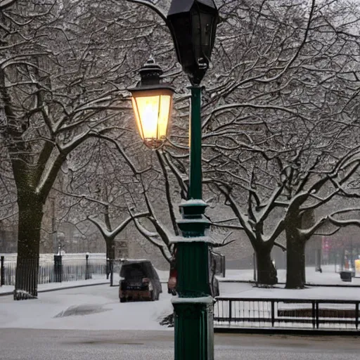 Prompt: an animal with its tongue stuck to a lamp post, snowy london street scene