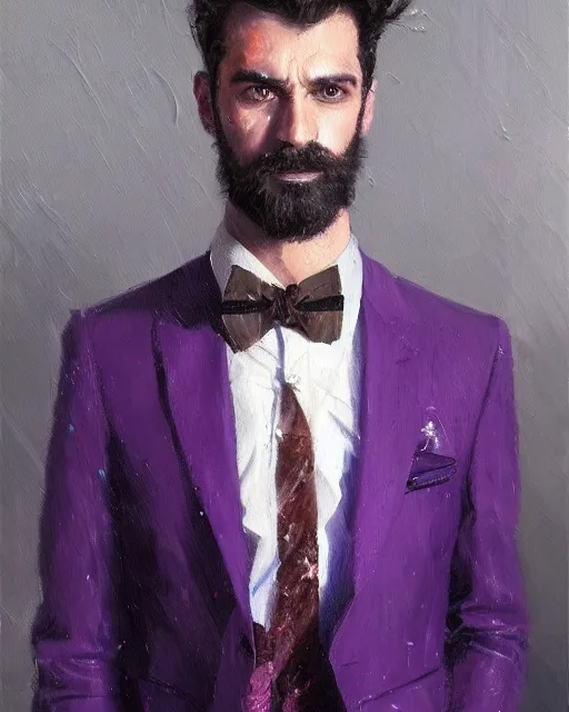 Image similar to An oil painting of a man in his twenties dressed in a purple suit, sleeked back hair, deranged face, highly realistic, highly detailed, 4k, by Greg Rutkowski, trending on artstation