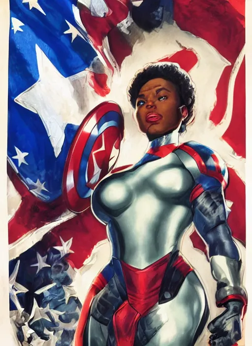 Image similar to beautiful black female captain america. afro - feminist captain america wins wwii. american wwii propaganda poster by james gurney, rob liefeld and pixar. gorgeous face. overwatch, realistic. black power