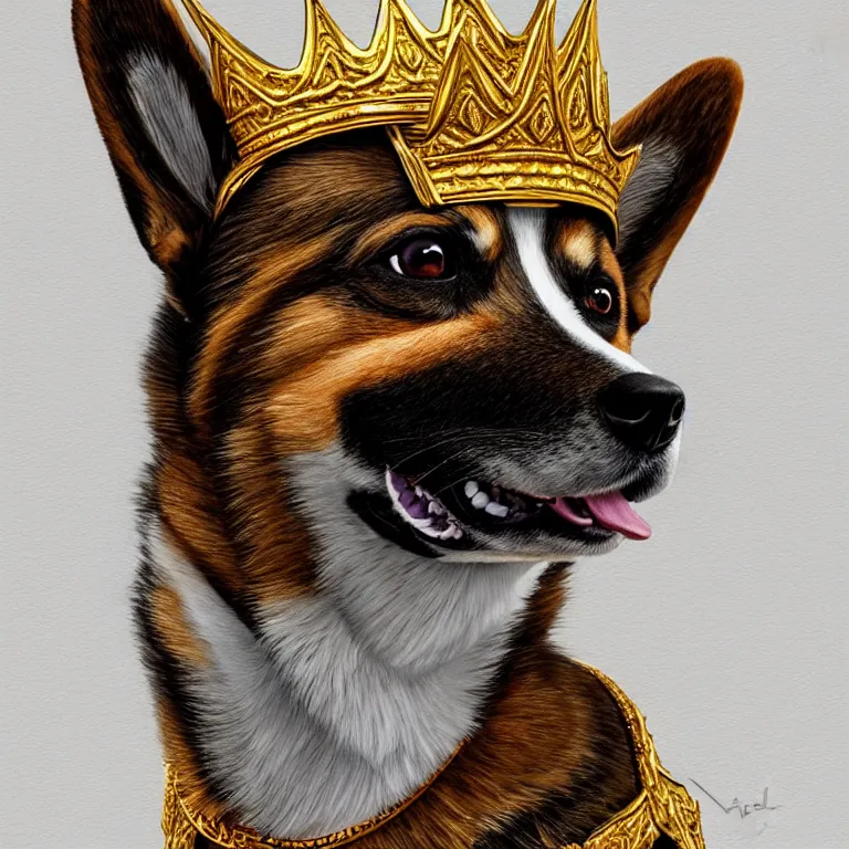 Image similar to highly detailed illustration of a portrait of a derpy corgi wearing a glinting golden crown, artstation, cinematic lighting, hyperdetailed, cgsociety, 8k, high resolution, art by artgerm, insanely detailed and intricate