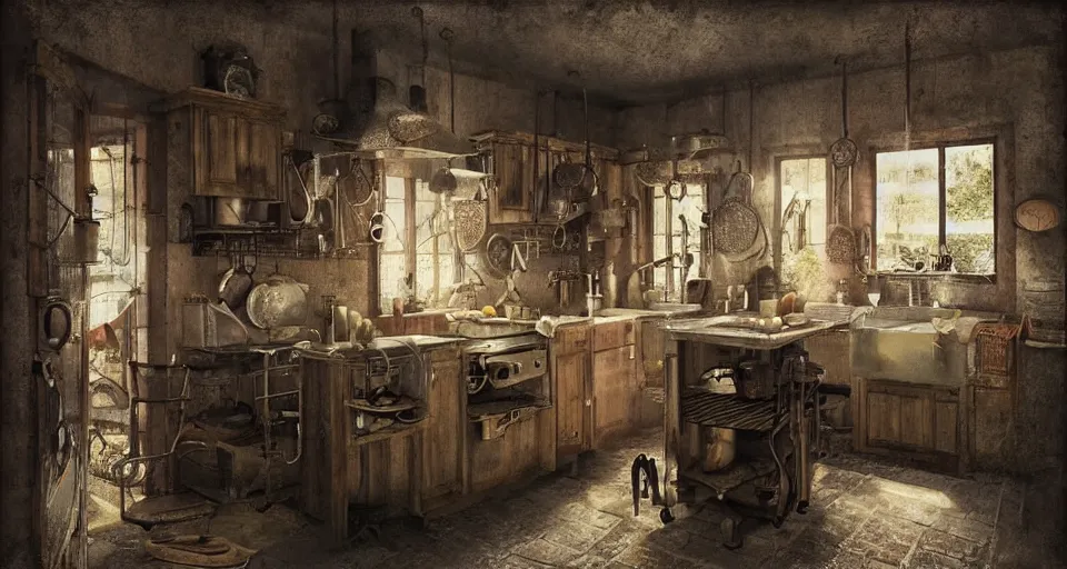 Prompt: IKEA catalogue photo of a steampunk farmhouse kitchen, by Beksinski