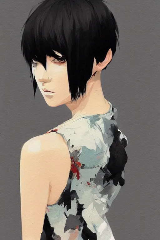 Image similar to a ultradetailed beautiful painting of a stylish woman with a white tank top, she has short black hair with bangs, by conrad roset, greg rutkowski and makoto shinkai trending on artstation