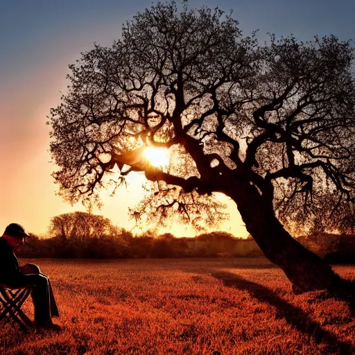 Prompt: 8k photograph. old man sitting under an oak tree he planted as a child. National Geographic. Sunset. Nature.